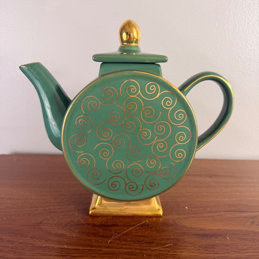 Decorative Green Ceramic Teapot Gold Swirl Pattern Ornamental Display Piece